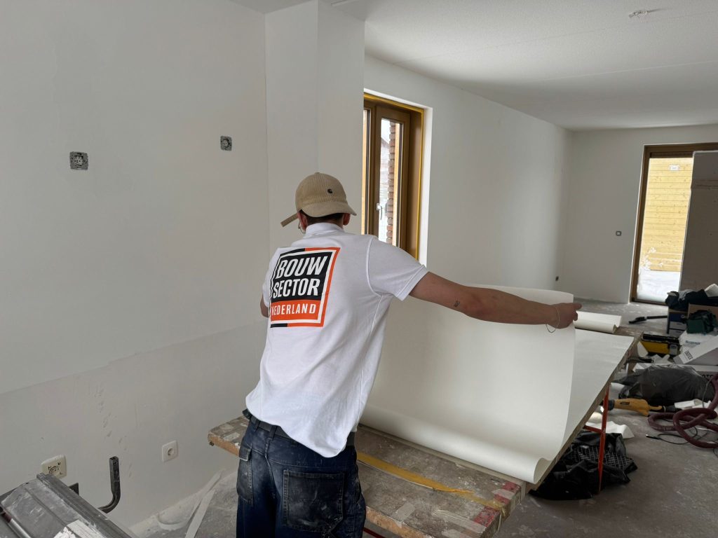 Behanger van Bouwsector Nederland rolt een baan vlies uit op de plaktafel in een kale nieuwbouwwoning
